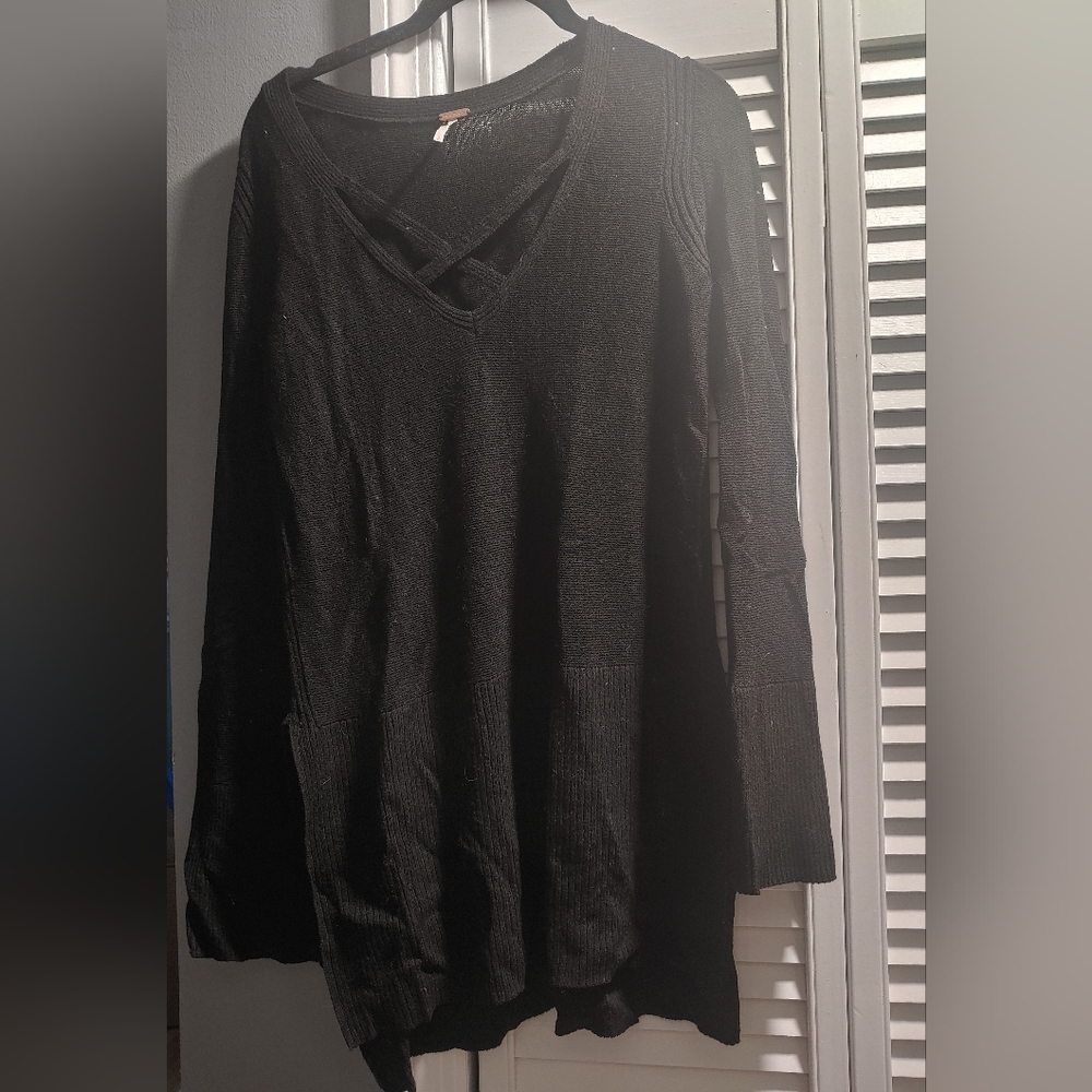 Free People Black Tunic V-Neck Sweater